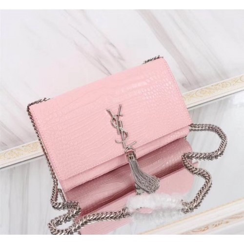 SAINT LAURENT Bolso de hombro Kate monogram mediano de piel repujada de cocodrilo 9288 rosa