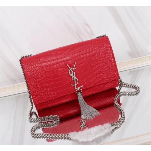 SAINT LAURENT Bolso de hombro Kate monogram mediano de piel repujada de cocodrilo 9288 rojo