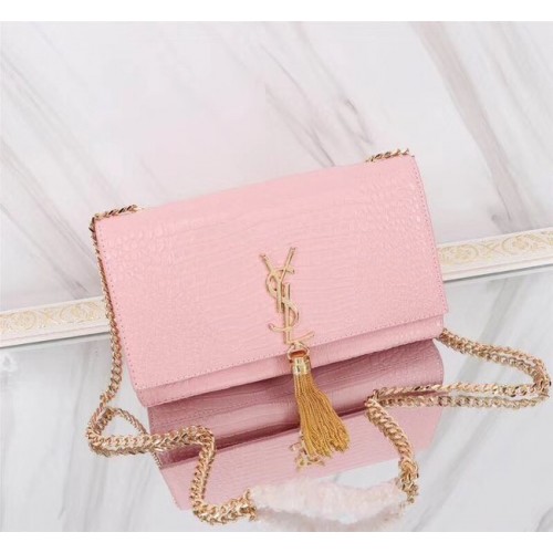 SAINT LAURENT Bolso de hombro Kate monogram mediano de piel repujada de cocodrilo A9288 rosa