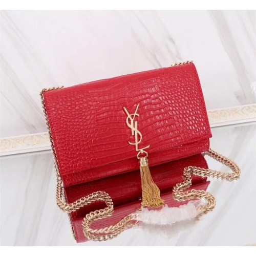 SAINT LAURENT Bolso de hombro Kate monogram mediano de piel repujada de cocodrilo A9288 rojo