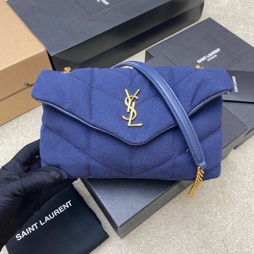 SAINT LAURENT LOULOU BOLSO PEQUEÑO CON CADENA DE LONA 620333 AZUL