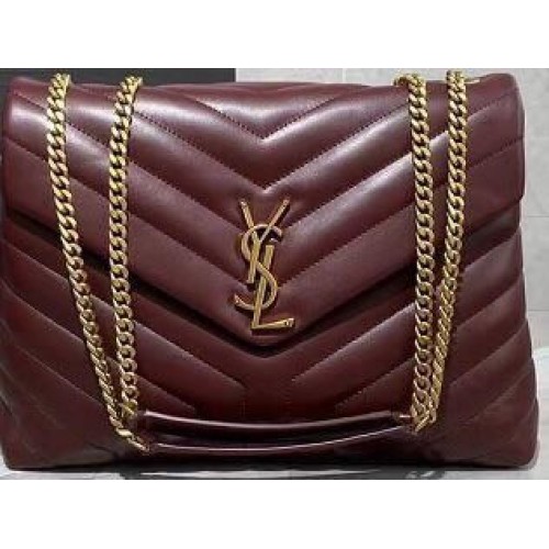 SAINT LAURENT Bolso de hombro mediano Loulou Monogram de piel acolchada 74558 Wine Gold Hardware