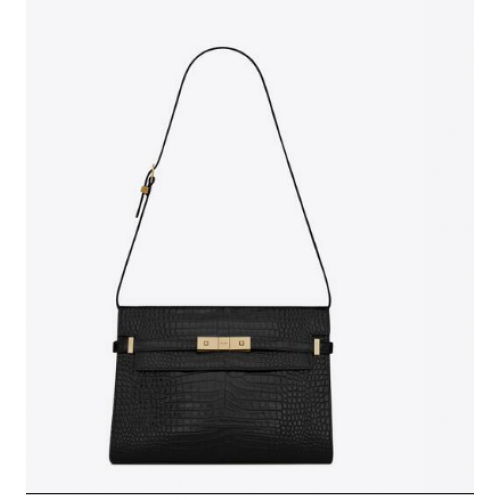 SAINT LAURENT MANHATTAN BOLSO DE HOMBRO EN PIEL BRILLANTE GRABADA COCODRILO 579271 NEGRO