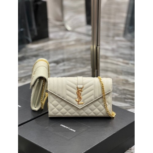 CARTERA CON CADENA SAINT LAURENT MONOGRAM EN MIX MATELASSE PIEL GRABADA GRAIN DE POUDRE 620280 BEIGE&ORO