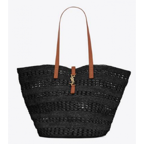 BOLSO MEDIANO SAINT LAURENT PANIER DE RAFIA CROCHET Y PIEL LISA 688221 NOIR