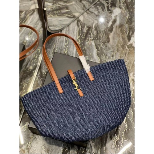 BOLSO MEDIANO SAINT LAURENT PANIER DE RAFIA CROCHET Y PIEL LISA 688221 azul oscuro
