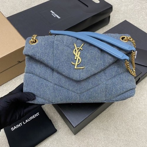 SAINT LAURENT BOLSO ACOLCHADO CON CADENA EN DENIM Y PIEL LISA 577476 AZUL
