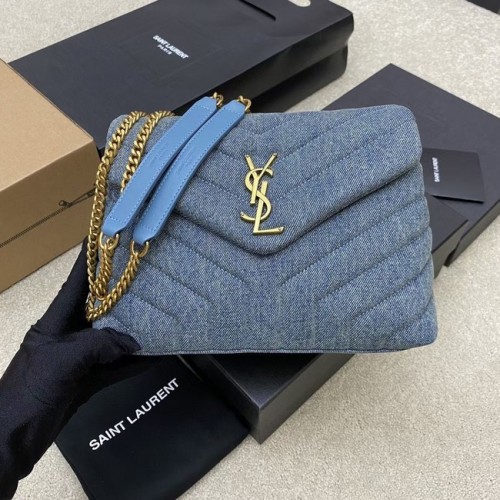 SAINT LAURENT PUFFER PEQUEÑO BOLSO CON CADENA DE DENIM Y PIEL LISA 392277 AZUL
