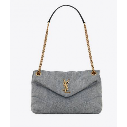 SAINT LAURENT PUFFER PEQUEÑO BOLSO CON CADENA DE DENIM Y PIEL LISA 577476 AZUL-GRIS