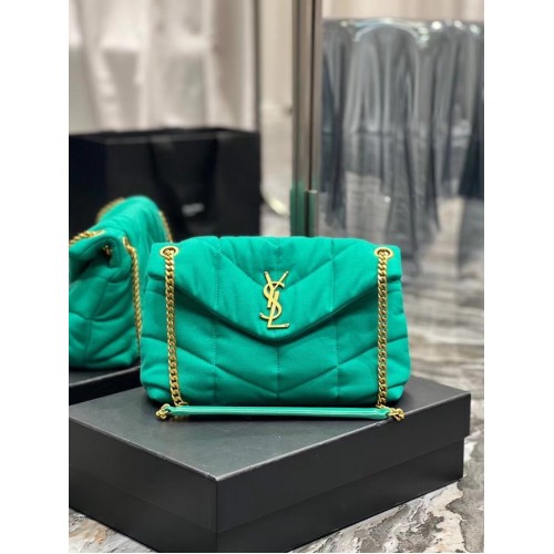 SAINT LAURENT PUFFER PEQUEÑO BOLSO CON CADENA DE DENIM Y PIEL LISA 577476 verde