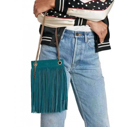SAINT LAURENT BOLSO PEQUEÑO CON CADENA DE ANTE LIGERO CON FLECOS 683378 azul