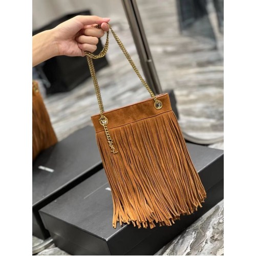 SAINT LAURENT BOLSO PEQUEÑO CON CADENA DE ANTE LIGERO CON FLECOS 683378 marrón