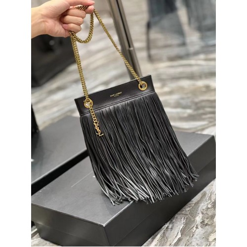 SAINT LAURENT BOLSO PEQUEÑO CON CADENA DE PIEL LISA CON FLECOS 683378 NEGRO