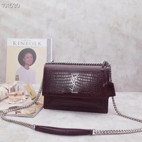 SAINT LAURENT Bolso de hombro Sunset de piel con grabado de cocodrilo 442906 Burdeos
