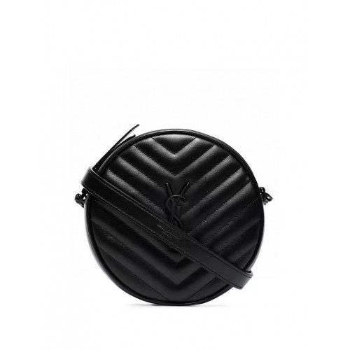 SAINT LAURENT VINYLE BOLSO PARA CÁMARA REDONDO DE PIEL ESTRUCTURA GRAIN DE POUDRE ACOLCHADA CON CHEVRON 6104361 negro