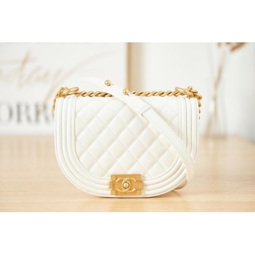 BOLSO MENSAJERO PEQUEÑO NIÑO CHANEL Piel de ternera granulada Metal dorado AS3350 blanco