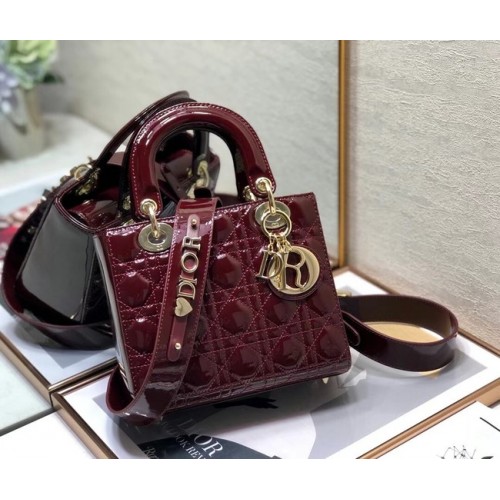 BOLSO PEQUEÑO LADY DIOR Vino Charol de becerro M0531 Vino