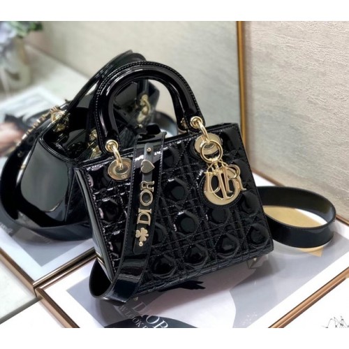 BOLSO PEQUEÑO LADY DIOR Piel de becerro charol negro M0531 Negro