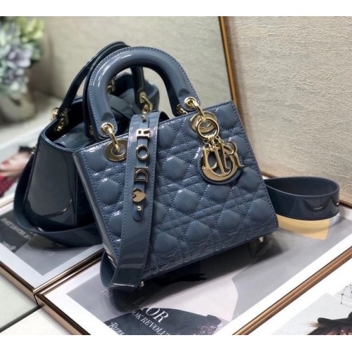 BOLSO PEQUEÑO LADY DIOR Piel de becerro charol azul M0531 Azul