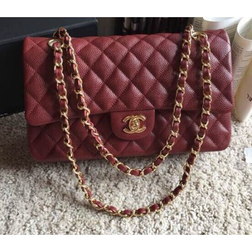 Chanel Classic A36070 Borgoña de cuero de grano original Bolso grande con solapa de calidad superior Dorado