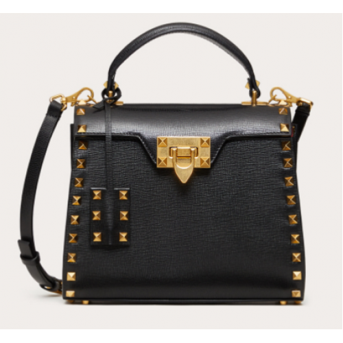VALENTINO GARAVANI Rockstud Alcove Bolso de mano pequeño en piel de becerro graneada 2B0J71 negro
