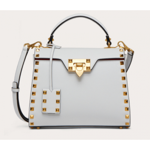 VALENTINO GARAVANI Rockstud Alcove Bolso de mano pequeño en piel de becerro graneada 2B0J71 blanco