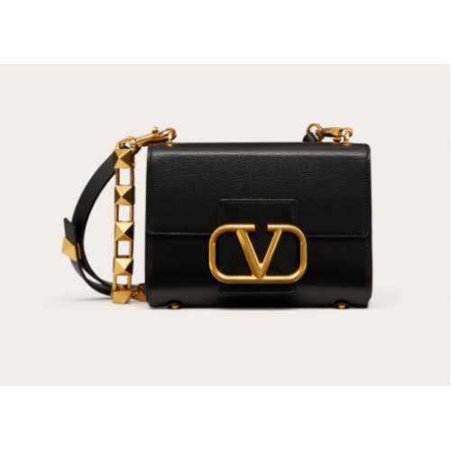 VALENTINO GARAVANI Bolso de hombro Stud Sign de piel de becerro granulada V0196 negro