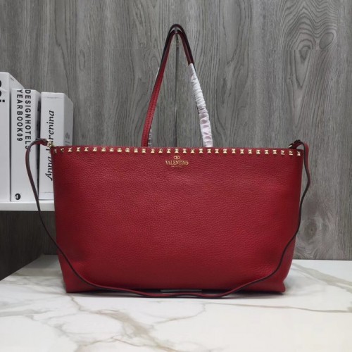 VALENTINO Bolso shopper Rockstud de piel graneada 93316 rojo