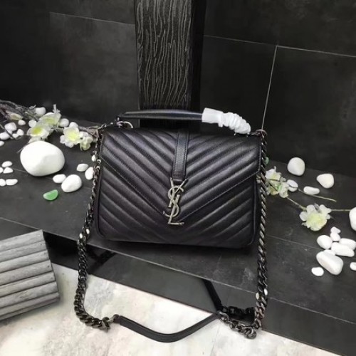YSL Classic Monogramme Bolso con solapa de cuero negro Y392737 Plata