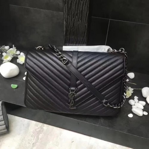 YSL Classic Monogramme Bolso con solapa de cuero negro Y392738 Plata