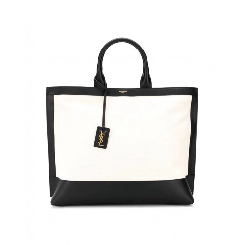 Yves Saint Laurent ETIQUETA DE LA COMPRA EN LONA Y PIEL Y615719 blanco y negro