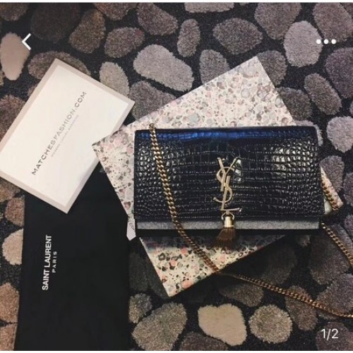 Yves Saint Laurent Bolso de hombro de piel de cocodrilo 1456 Black&Gold