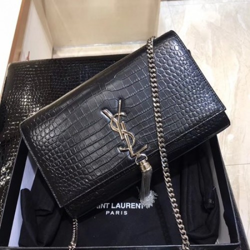 Yves Saint Laurent Bolso De Hombro De Piel De Cocodrilo 1456 Black&Silver