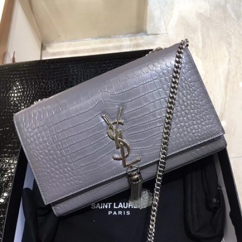 Yves Saint Laurent Bolso De Hombro De Piel De Cocodrilo 1456 Grey&Silver