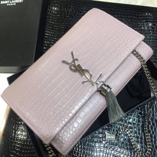 Yves Saint Laurent Bolso De Hombro De Piel De Cocodrilo 1456 Rosa Y Plata