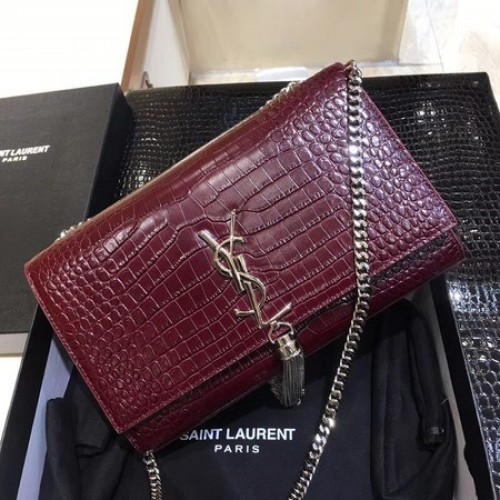 Yves Saint Laurent Bolso De Hombro De Piel De Cocodrilo 1456 Wine&Silver