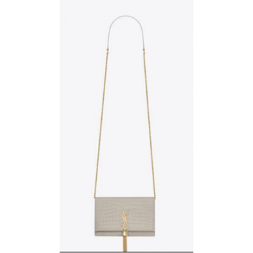Yves Saint Laurent CARTERA KATE CON CADENA Y BORLA DE PIEL BRILLANTE CON GRABADO DE COCODRILO 452159 BLANCO
