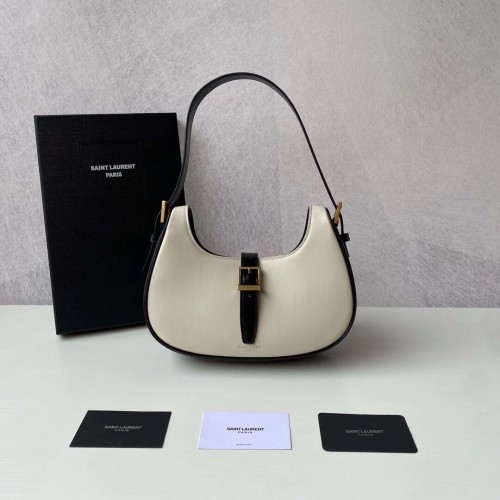 Yves Saint Laurent BOLSO HOBO LE FERMOIR DE CUERO BRILLANTE 6726152 BLANC VINTAGE&negro