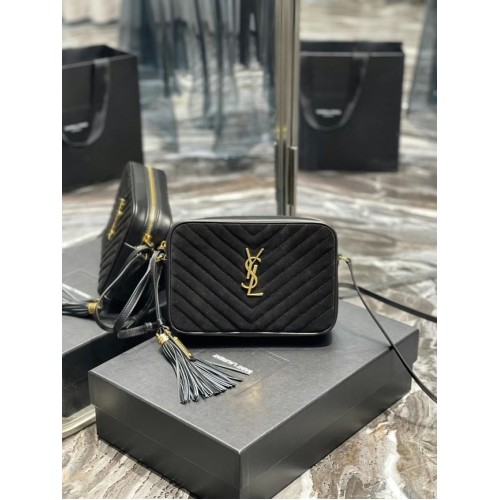 Yves Saint Laurent BOLSO CÁMARA LOU DE ANTE ACOLCHADO Y PIEL LISA 520534 negro