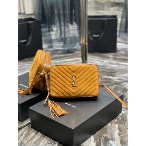 Yves Saint Laurent BOLSO CÁMARA LOU DE ANTE ACOLCHADO Y PIEL LISA 520534 marrón