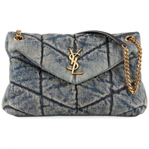 Yves Saint Laurent BOLSO PEQUEÑO PUFFER DE DENIM VINTAGE ACOLCHADO Y ANTE Y577476 Azul
