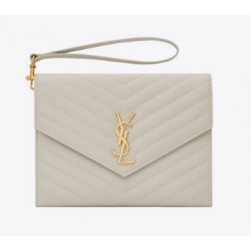 Yves Saint Laurent CLUTCH MONOGRAM DE CUERO GRABADO DE POUDRE ACOLCHADO 617662 blanco
