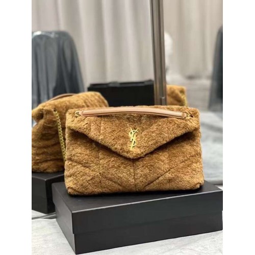 Yves Saint Laurent BOLSO ACOLCHADO DE MERINO SHEARLING Y PIEL DE CORDERO 179540 MARRÓN NATURAL