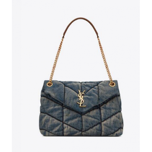 Yves Saint Laurent BOLSO MEDIANO PUFFER EN DENIM VINTAGE Y ANTE 577475 Azul