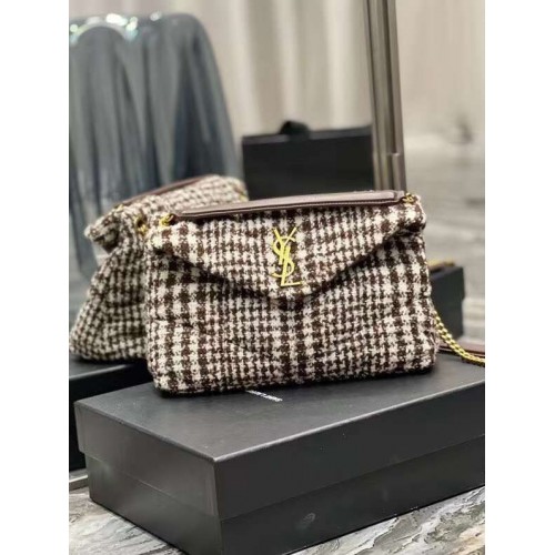 Yves Saint Laurent BOLSO PEQUEÑO PUFFER DE TWEED A CUADROS Y PIEL DE CORDERO Y597476 BEIGE