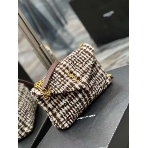 Yves Saint Laurent BOLSO PEQUEÑO PUFFER DE TWEED A CUADROS Y PIEL DE CORDERO Y597477 BEIGE