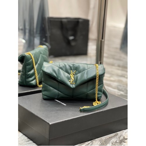 Yves Saint Laurent BOLSO PEQUEÑO PUFFER CON CADENA DE PIEL DE CORDERO ACOLCHADA 620333 verde negruzco