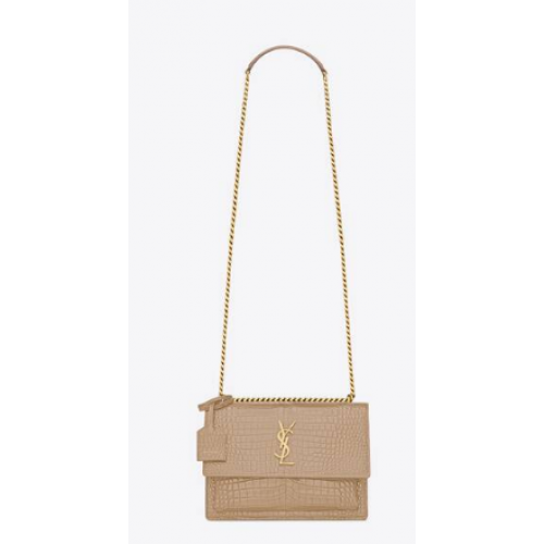 Yves Saint Laurent BOLSO MEDIANO CON CADENA SUNSET DE PIEL BRILLANTE CON GRABADO DE COCODRILO 442906 BEIGE OSCURO