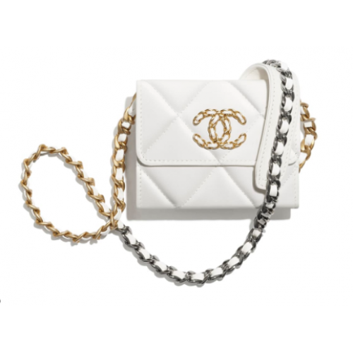 Monedero chanel 19 solapa con cadena AP1787 blanco