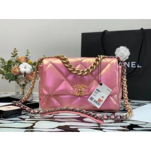 bolso chanel 19 con solapa grande Piel de becerro iridiscente y tono dorado AS1162 Rosa